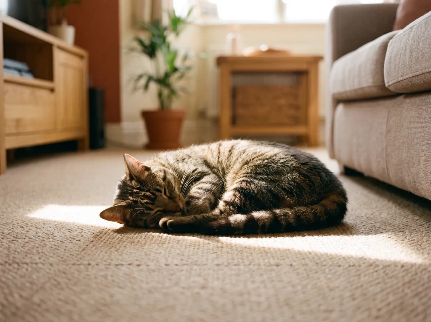 日の当たるタイルカーペットの上で、丸くなって眠る猫