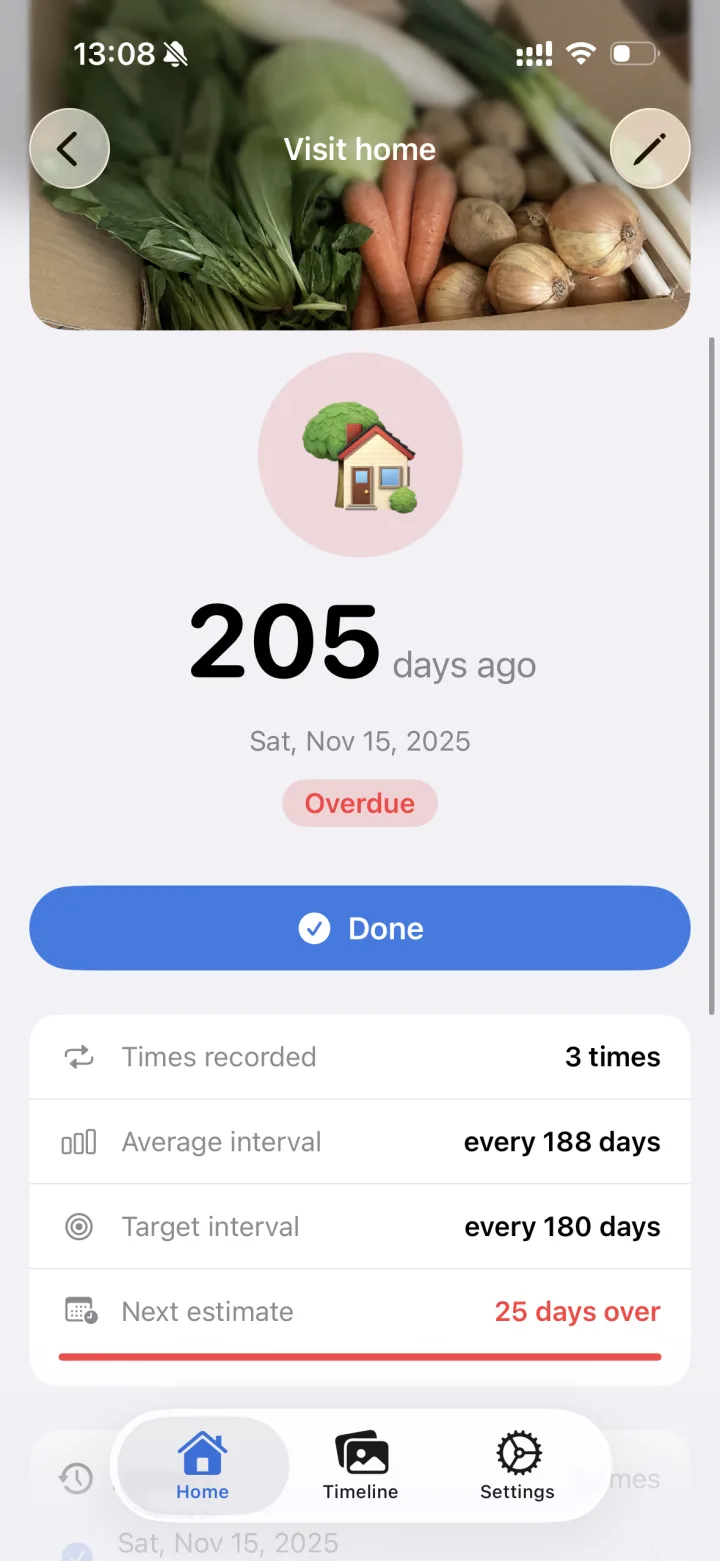Record detail screen (205 days ago, every 188 days on average)