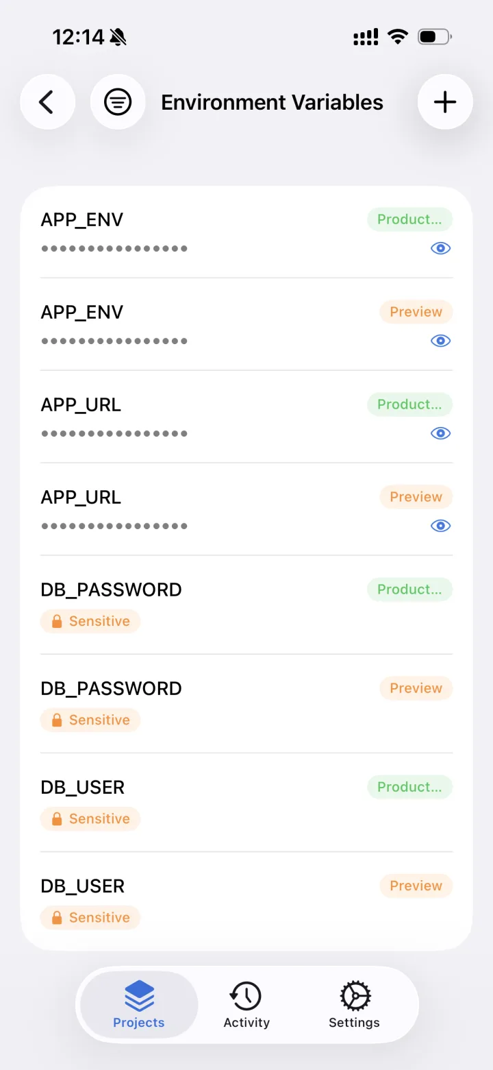 Environment variables screen