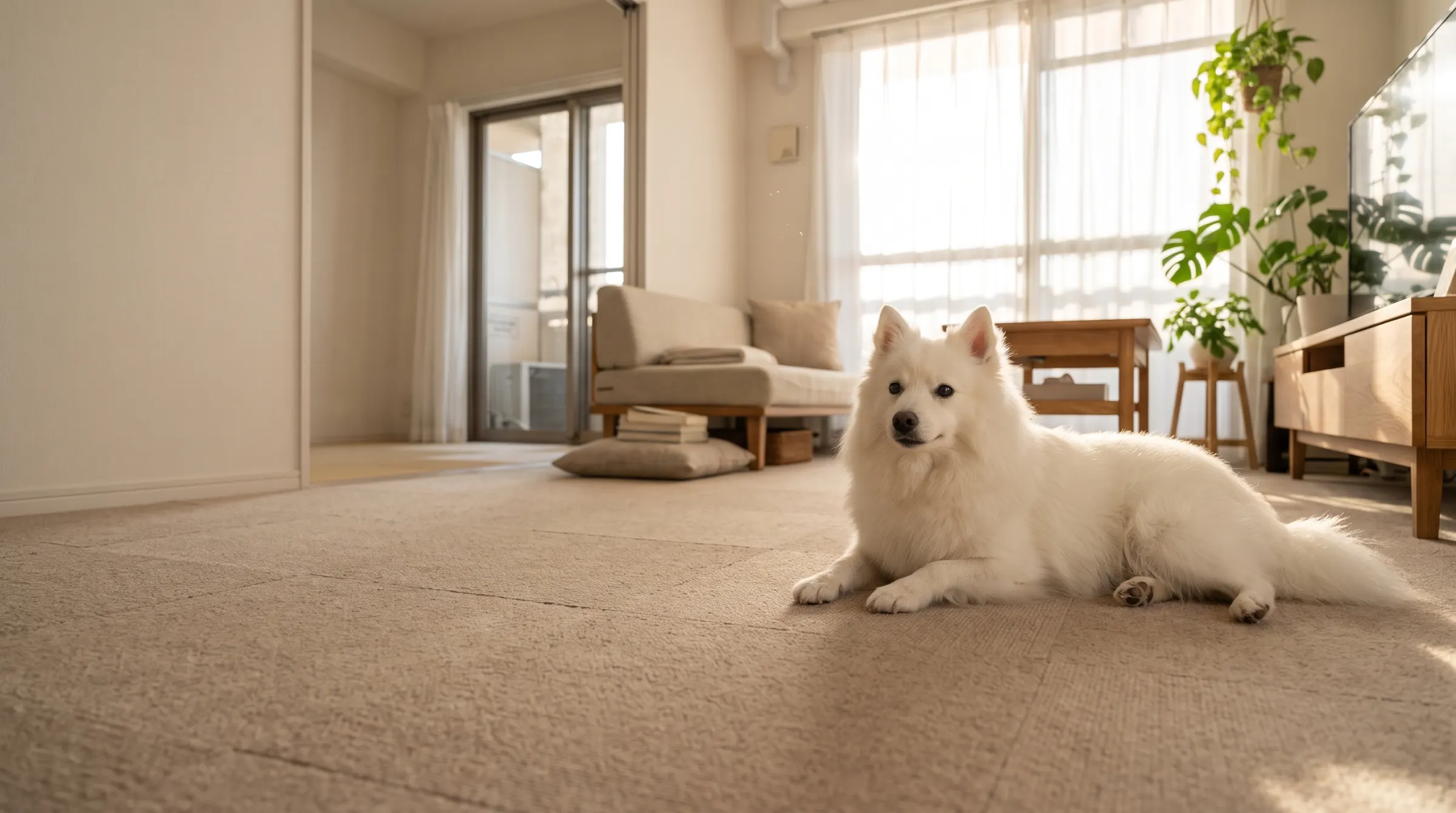 日の差すリビングの、タイルカーペットの床でくつろぐ白い犬