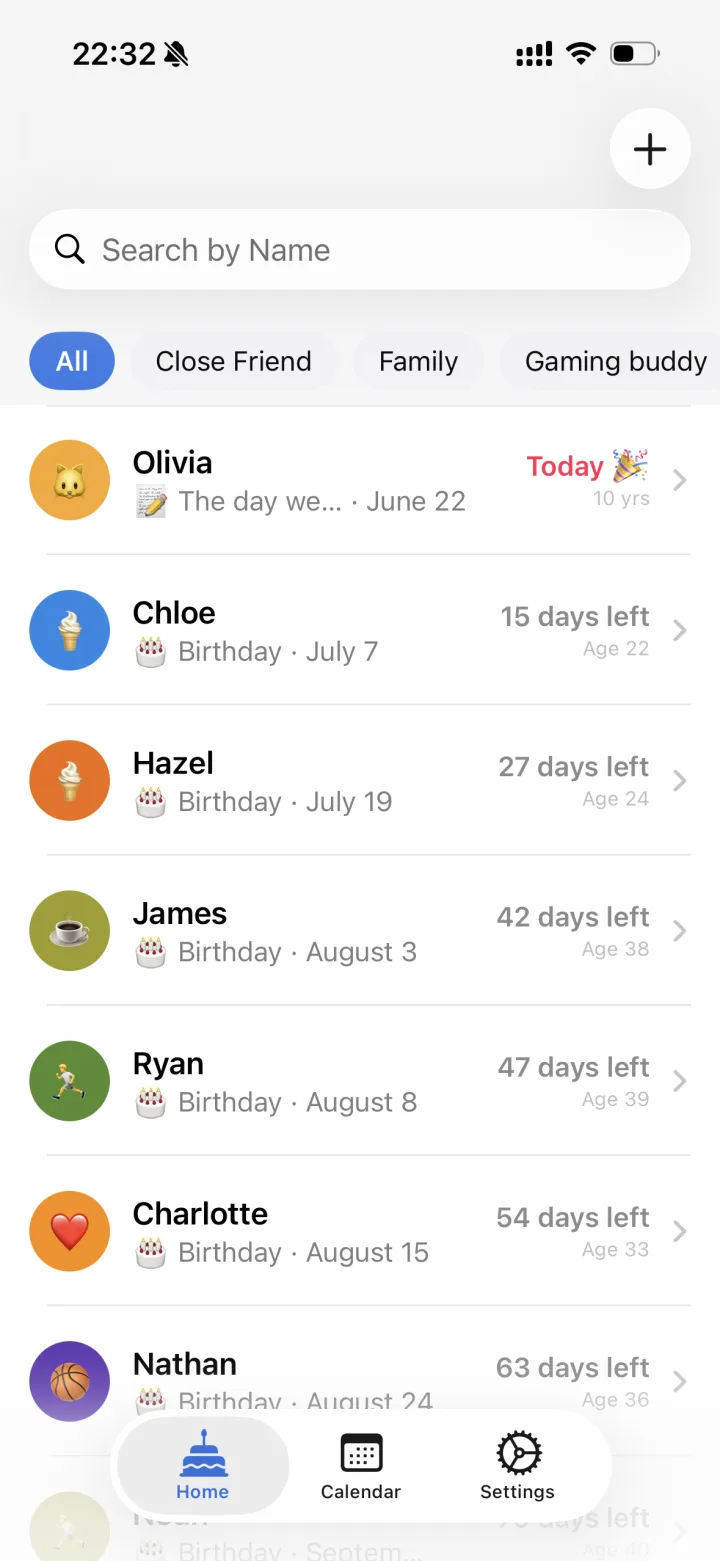 Home screen listing people by their next birthday