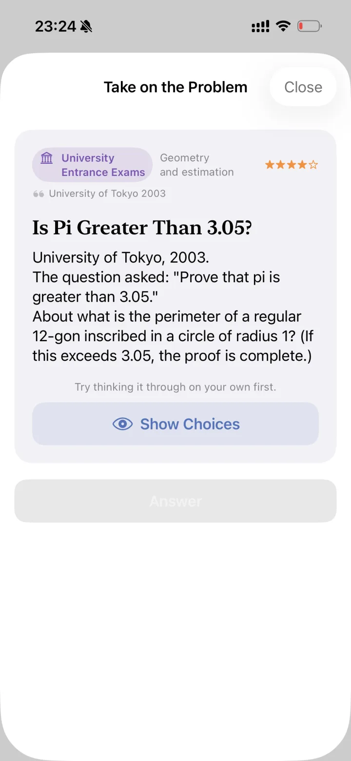 The “Is Pi Greater Than 3.05?” problem from the University of Tokyo, 2003