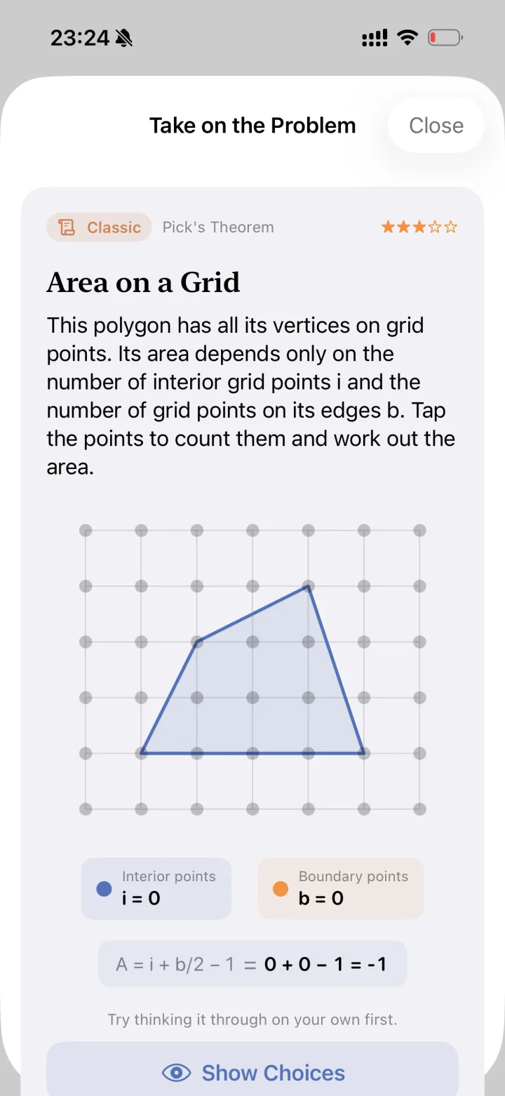 Pick's theorem “Area on a Grid”, tapping points to count them