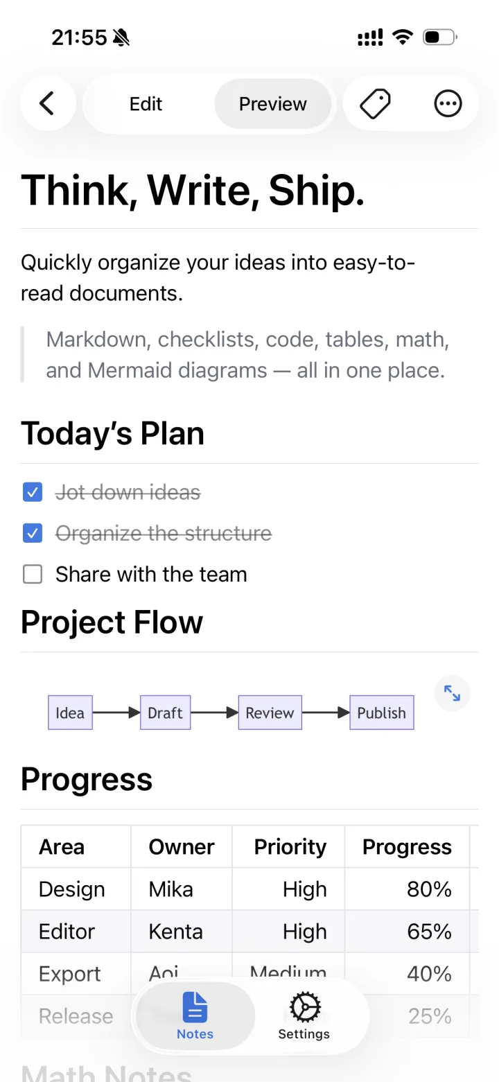 Preview with headings, a checklist and a table