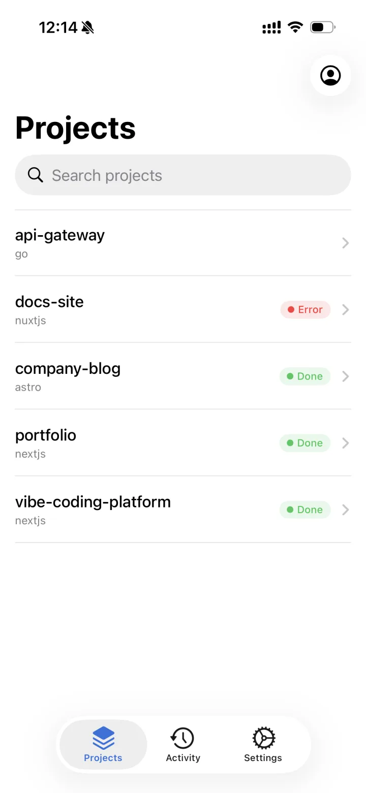 Projects screen