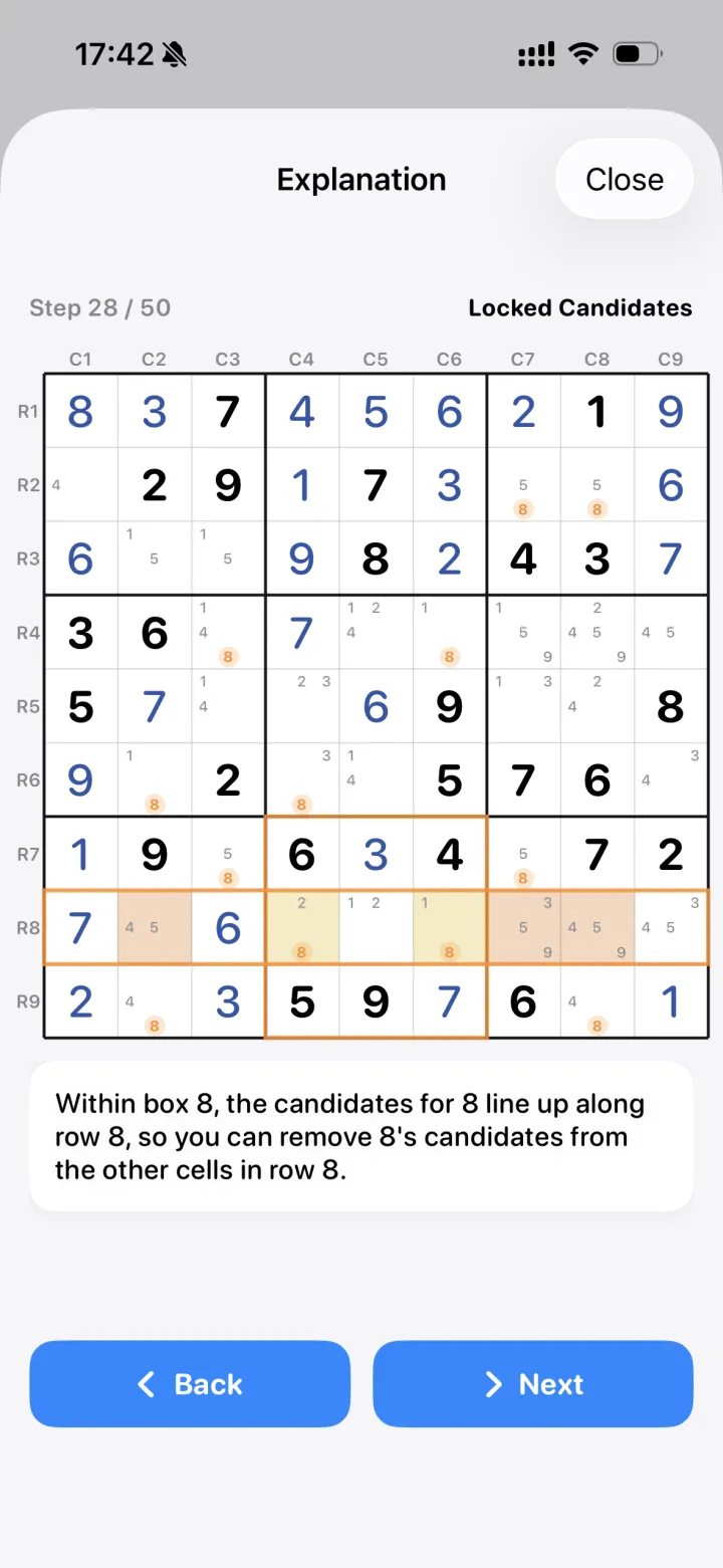 Explanation screen: step 28 of 50, Locked Candidates, with the 8s removed from row 8 highlighted on the board