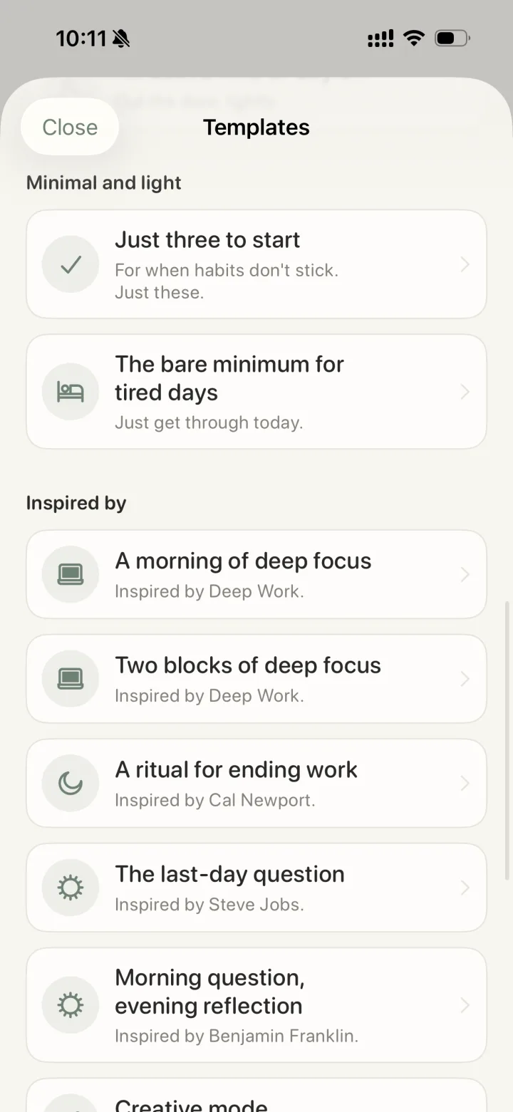 Templates screen