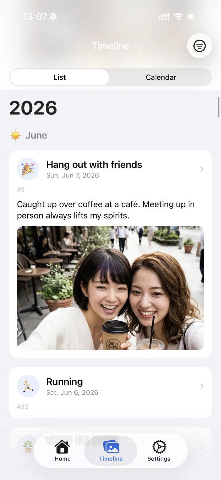 Timeline screen with photos and notes
