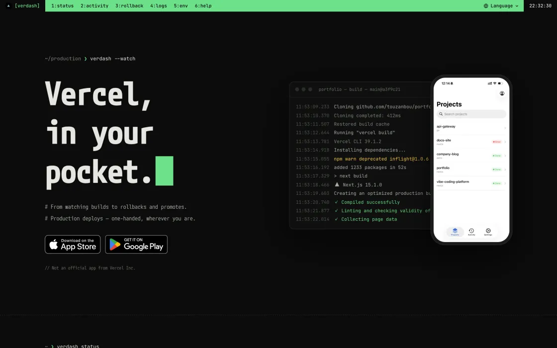 Verdash for Vercel landing page